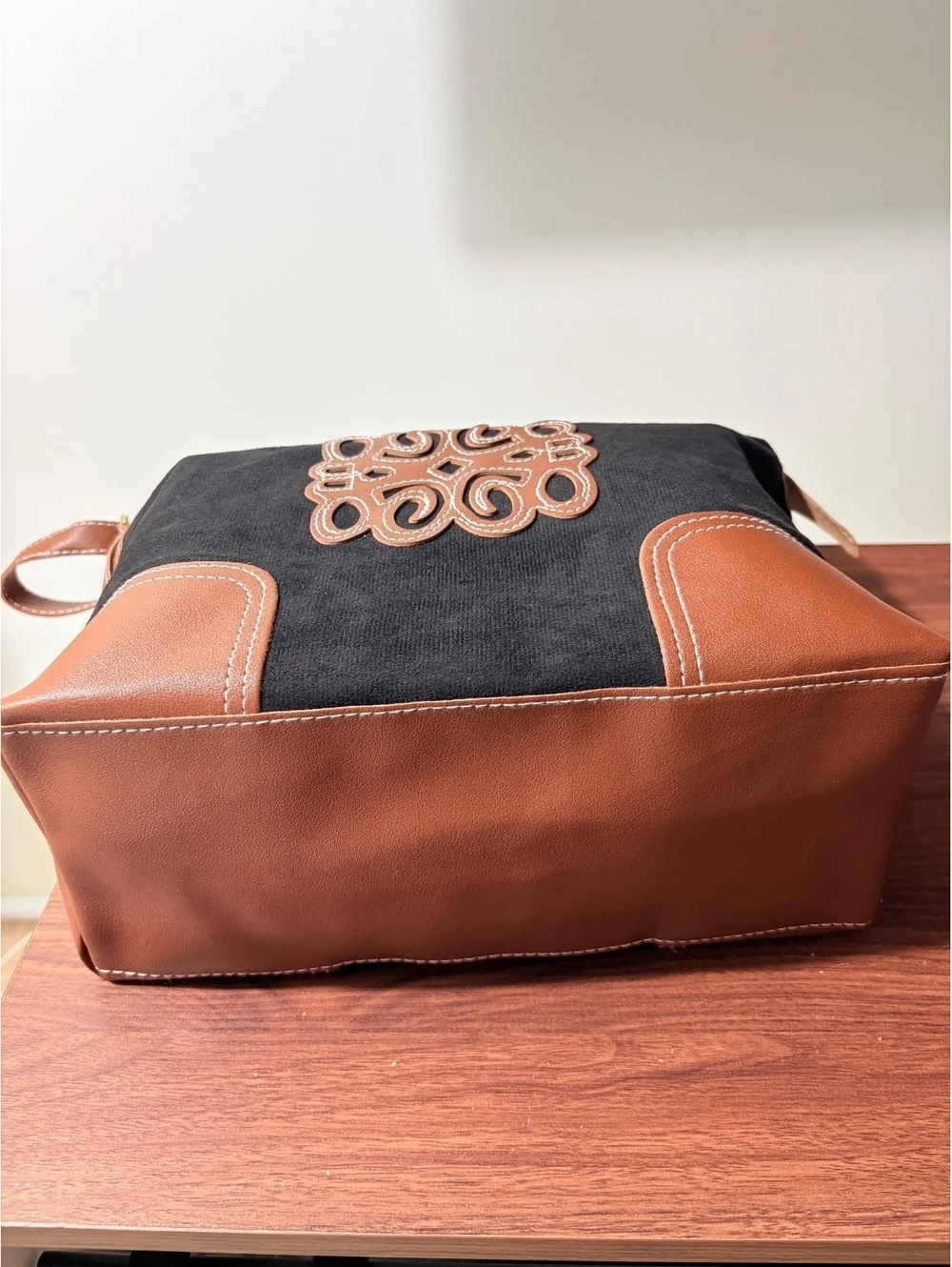 Black Suede and Brown Vegan Leather Shoulder Bag with Adjustable Strap